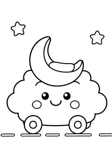 Char de carnaval en forme de nuage souriant avec croissant de lune, roues et étoiles