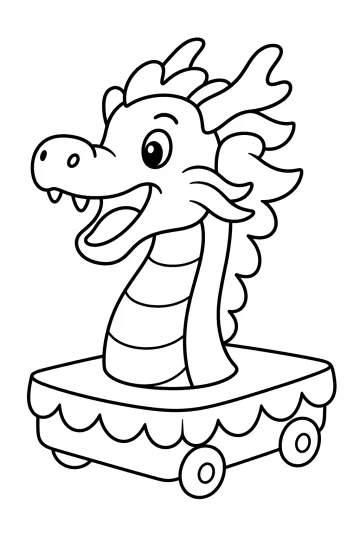 Disegno da colorare di una testa di drago su un carro con ruote