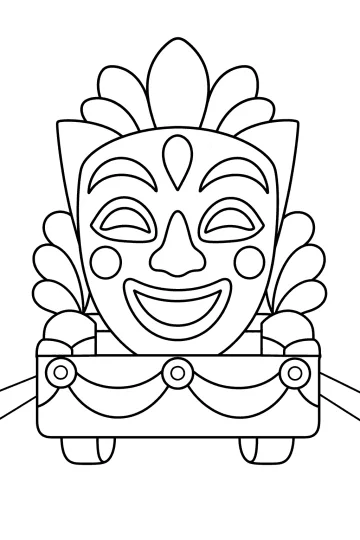 Grand masque souriant sur un char de carnaval vu de face