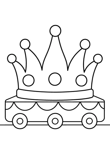 Coloriage d'un char de carnaval avec une grande couronne décorée et des roues