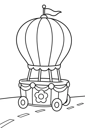 Char de carnaval avec grand ballon, drapeau, fleur et roues