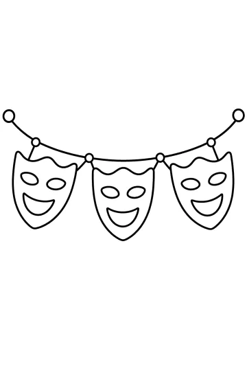 Dibujo para colorear de una guirnalda curva con tres máscaras de Carnaval sonrientes