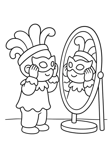 Petit bouffon avec un masque devant un miroir ovale