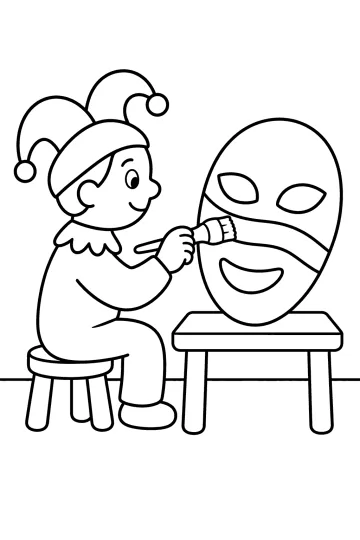 Bambino con cappello da giullare che dipinge una grande maschera su un tavolino