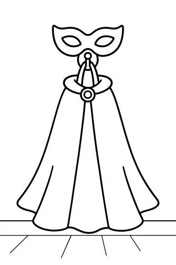 Drawing of a carnival cape with a mask, wide collar, and round clasp