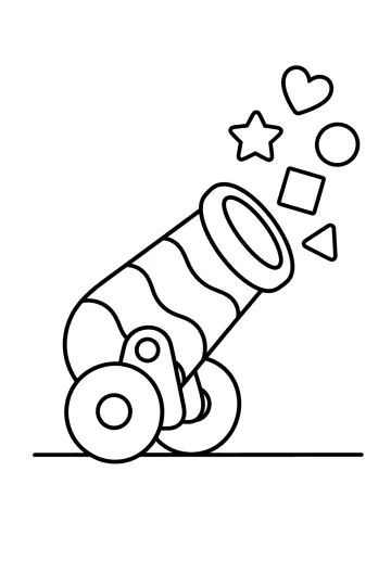 Confetti cannon on wheels with festive shapes flying above