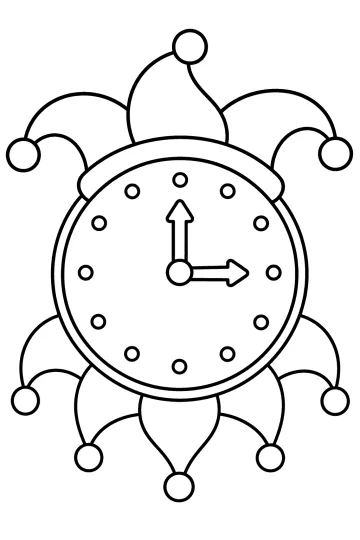 Horloge ronde avec bonnet de bouffon et aiguilles vers le haut et la droite