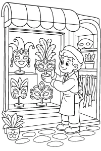 Artesão de máscaras na vitrine de Carnaval desenho para colorir PDF grátis