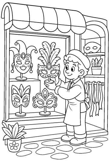 Coloriage d'un fabricant de masques tenant un masque devant une vitrine de carnaval