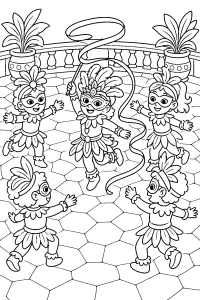 Bambini mascherati che danzano a Carnevale disegno da colorare PDF gratis