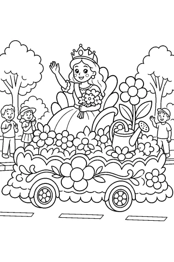 Reina de las flores saludando desde una carroza de carnaval decorada con flores, niños y árboles