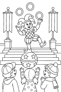 Bufão de carnaval equilibrado numa bola desenho para colorir PDF grátis