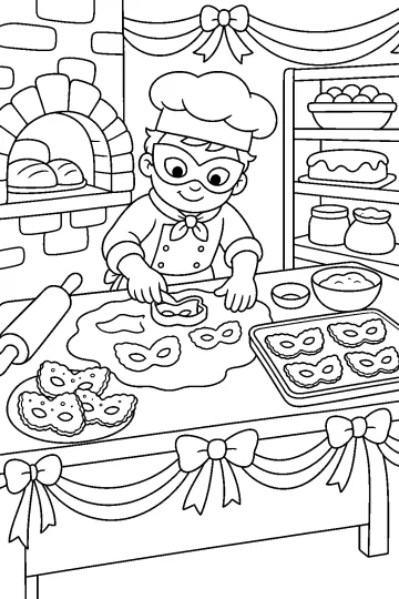 Dibujo para colorear de una pastelera de Carnaval preparando dulces con forma de máscara en una mesa.