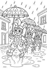 Sfilata di maschere con ombrelli sotto la pioggia disegno da colorare PDF gratis