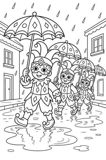 Máscaras de carnaval con paraguas caminando bajo la lluvia por una calle con charcos