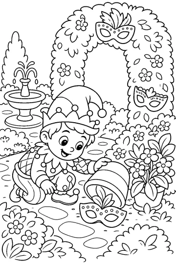 Child wearing a jester hat in a garden with masks, flowers, bushes, and a fountain