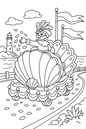 Char de carnaval en forme de grand coquillage avec personnage masqué, phare et drapeaux au bord de la mer