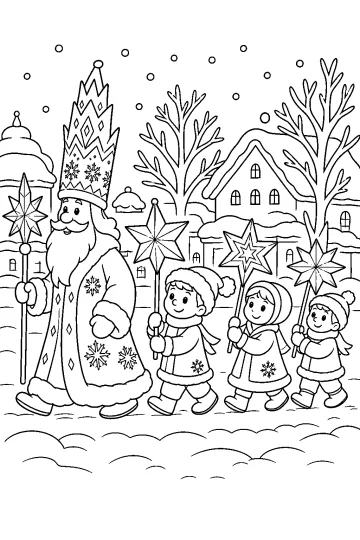 Rey de la Nieve con corona guiando a niños con estrellas en un pueblo nevado
