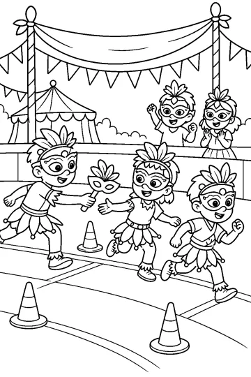Niños disfrazados corren en una fiesta de Carnaval y se pasan una máscara, con conos y guirnaldas al fondo.