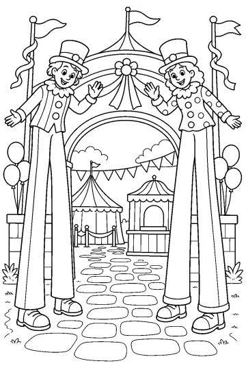 Deux clowns sur échasses saluent devant une arche de carnaval avec fanions, ballons et chemin de pierres.