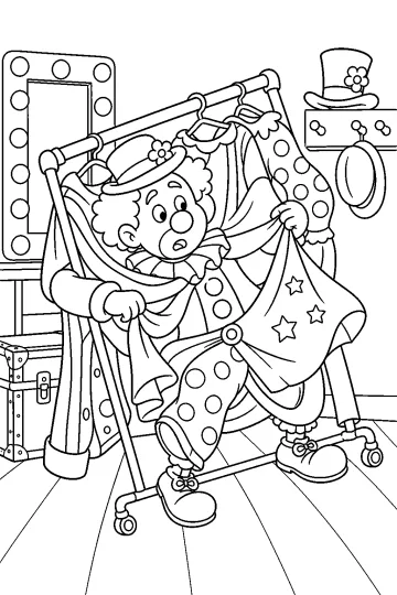 Coloriage d'un clown emmêlé dans un portant à costumes avec des capes, des chapeaux et un miroir