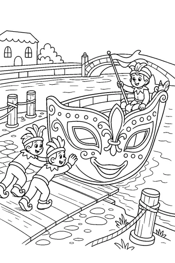 Dibujo para colorear de una barca con forma de máscara en un canal con niños en el muelle y un puente