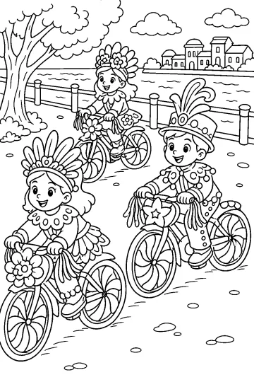 Tres ciclistas disfrazados en bicicletas decoradas con flores junto a un río