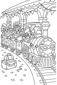Trenino di Carnevale con maschere disegno da colorare PDF gratis