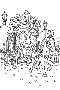 Carruagem de Carnaval com máscara e cavalo desenho para colorir PDF grátis