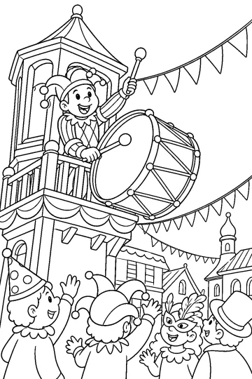 Tamborilero sonriente en una torre decorada tocando un gran tambor durante una fiesta de Carnaval