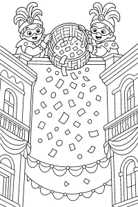 Maschere di Carnevale con coriandoli disegno da colorare PDF gratis