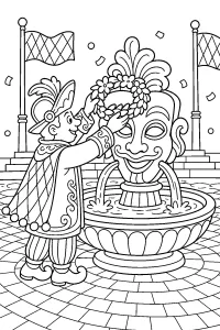Cerimónia de carnaval na fonte com máscara desenho para colorir PDF grátis