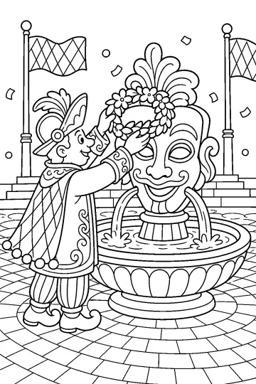 Personaje con disfraz junto a una fuente con máscara y una gran corona de flores