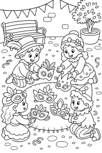Bambini in costume con maschere di Carnevale disegno da colorare PDF gratis