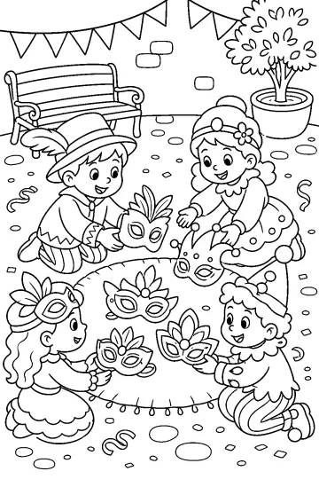 Bambini in costume attorno a un tavolo con maschere di Carnevale