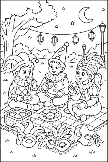 Dibujo para colorear de tres amigos en un picnic de carnaval con máscaras, dulces, faroles y luna creciente.