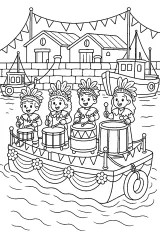 Bambini con tamburi su una barca di Carnevale disegno da colorare PDF gratis