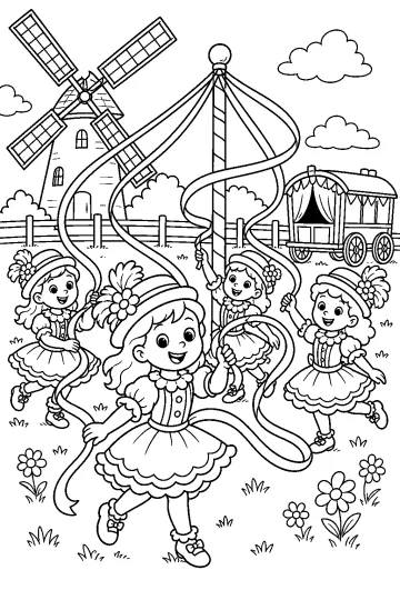 Quatre filles en costumes de carnaval dansent avec de longs rubans autour d'un poteau, devant un moulin et une roulotte décorée.