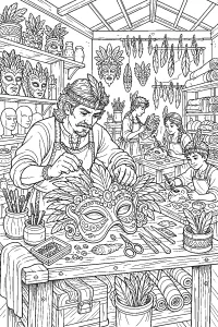 Laboratorio di maschere di Carnevale disegno da colorare PDF gratis
