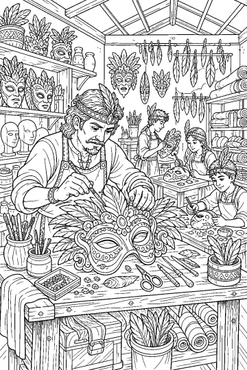 Laboratorio di maschere di Carnevale con artigiani che decorano maschere piumate