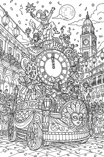 Carro di Carnevale decorato con un grande orologio, persone in maschera e torre dell'orologio sullo sfondo