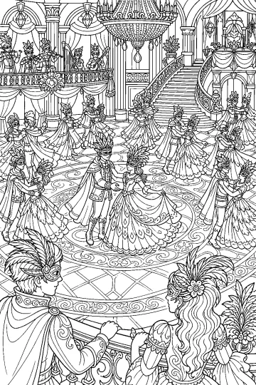Parejas enmascaradas bailando en un salón elegante con escalera, lámpara y músicos.