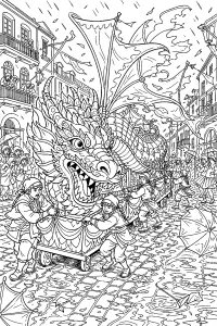 Drago di Carnevale sotto la pioggia disegno da colorare PDF gratis