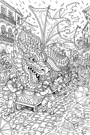 Grande drago su un carro di Carnevale sotto la pioggia, con persone in costume, ombrelli e palazzi cittadini.