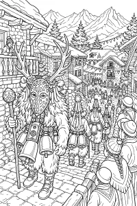 Processione Carnelave nel villaggio di montagna disegno da colorare PDF gratis