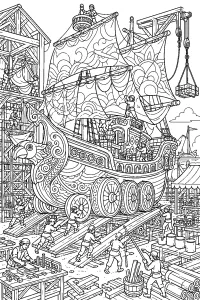 Grande nave di Carnevale nel cantiere disegno da colorare PDF gratis