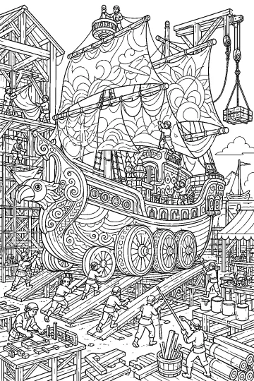 Disegno da colorare di una grande nave di Carnevale su ruote in un cantiere, con vele decorate, operai e impalcature.