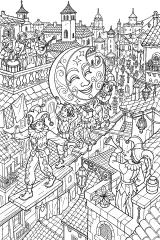Maschera lunare sui tetti di Carnevale disegno da colorare PDF gratis