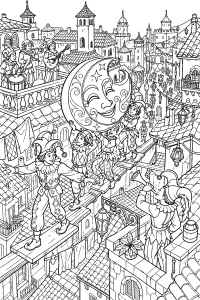 Maschera lunare sui tetti di Carnevale disegno da colorare PDF gratis
