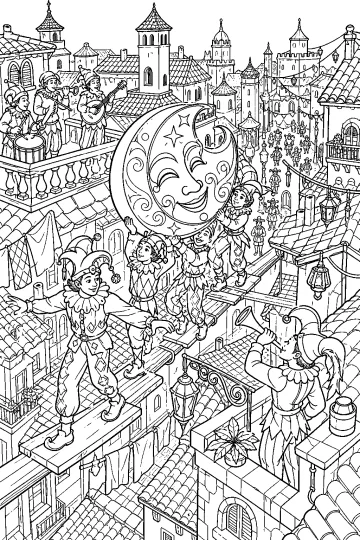 Desenho para colorir de artistas de Carnaval levando uma grande máscara lunar pelos telhados